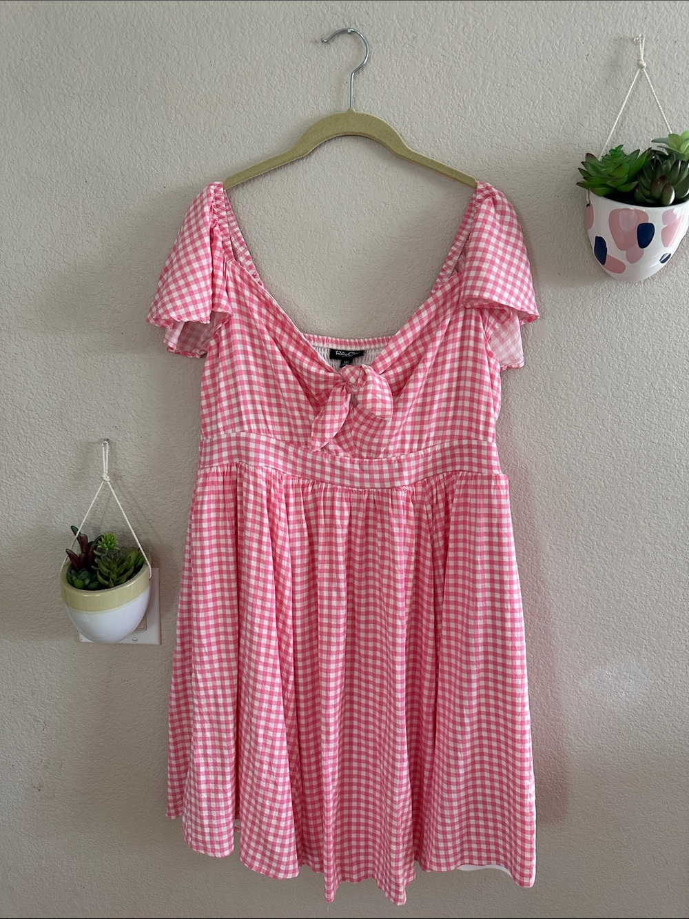 Retro Chic Torrid Mini Pink White Gingham Flutter Sleeve Vintage Dress 00 Large